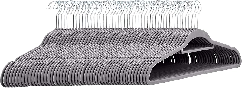 Space Saving Heavy Duty Non-Slip Velvet Suit Hangers with Horizontal Tie Bar, Sturdy for Clothes Organization and Storage, Dark Gray, 50-Pack