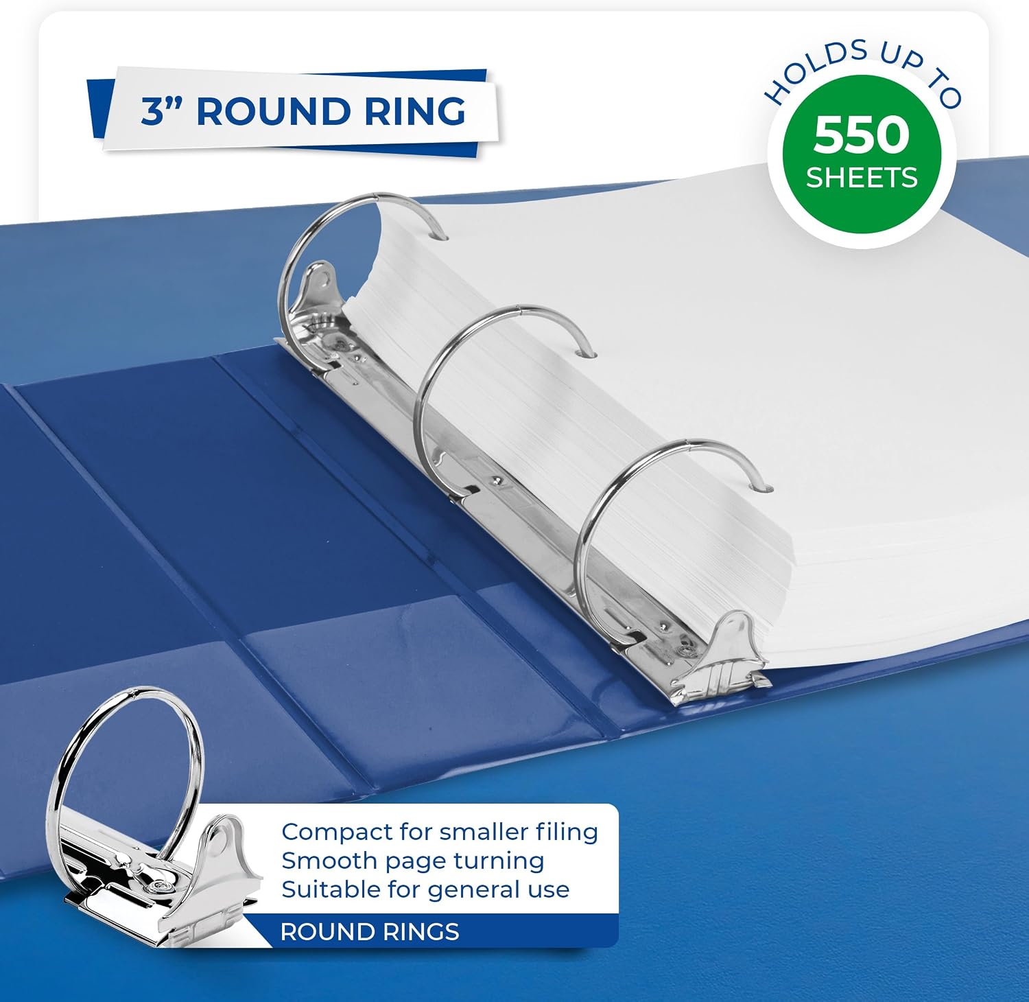 Samsill 3 Inch 3 Ring Binders, Economy Round Ring, Clear View Cover, 550 Sheet Capacity - for School, Home, Office - Blue, 4 Pack image 3