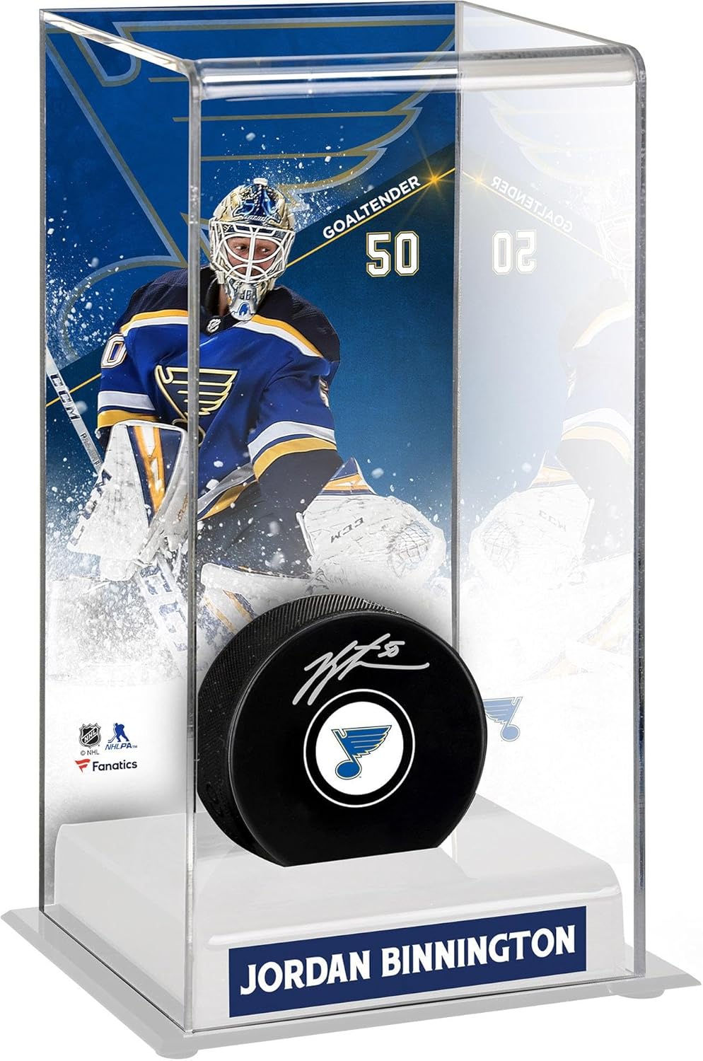 Jordan Binnington St. Louis s Deluxe Tall Hockey Puck Case - Hockey Puck Free Standing Display Cases ''Case Only''