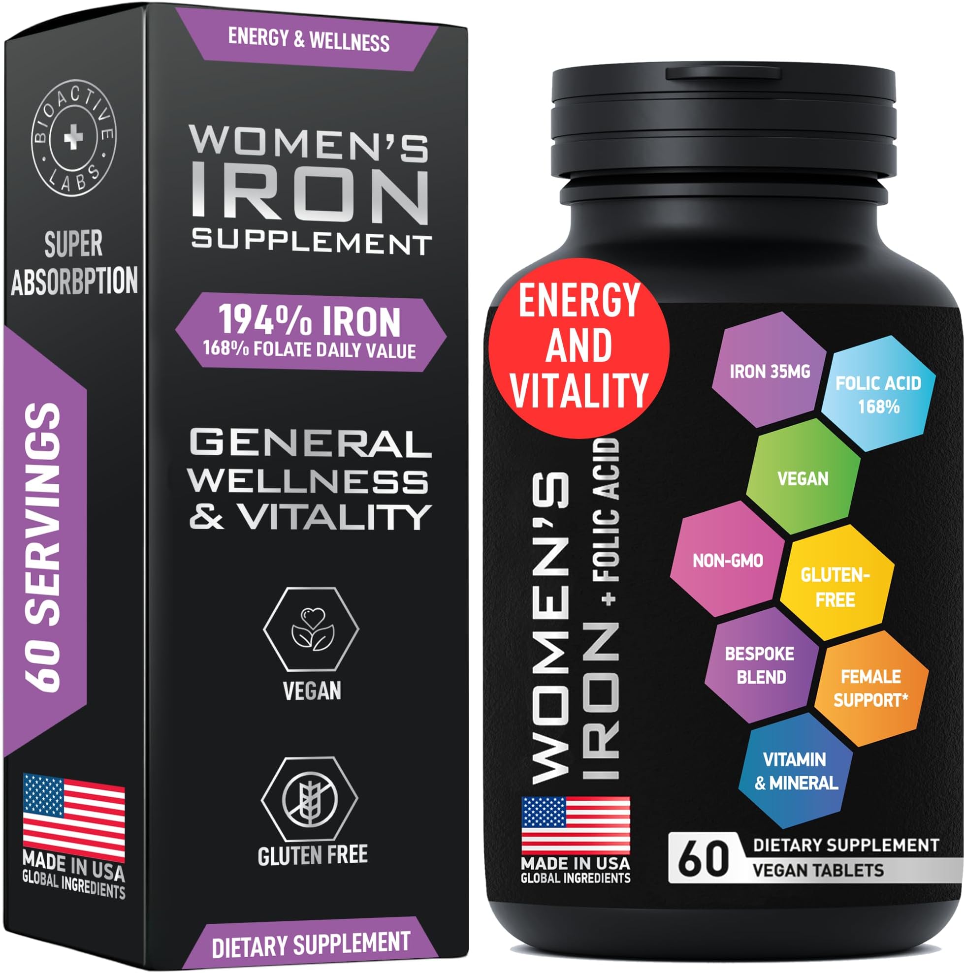 Vegan Iron Supplements for Women with Folic Acid - 35mg Gentle Iron, 400mcg Folic Acid - Ferrous Sulfate Blood Builder for Anemia, Pregnant Women and Red Blood Cell Support - 60 Gluten-Free Tablets