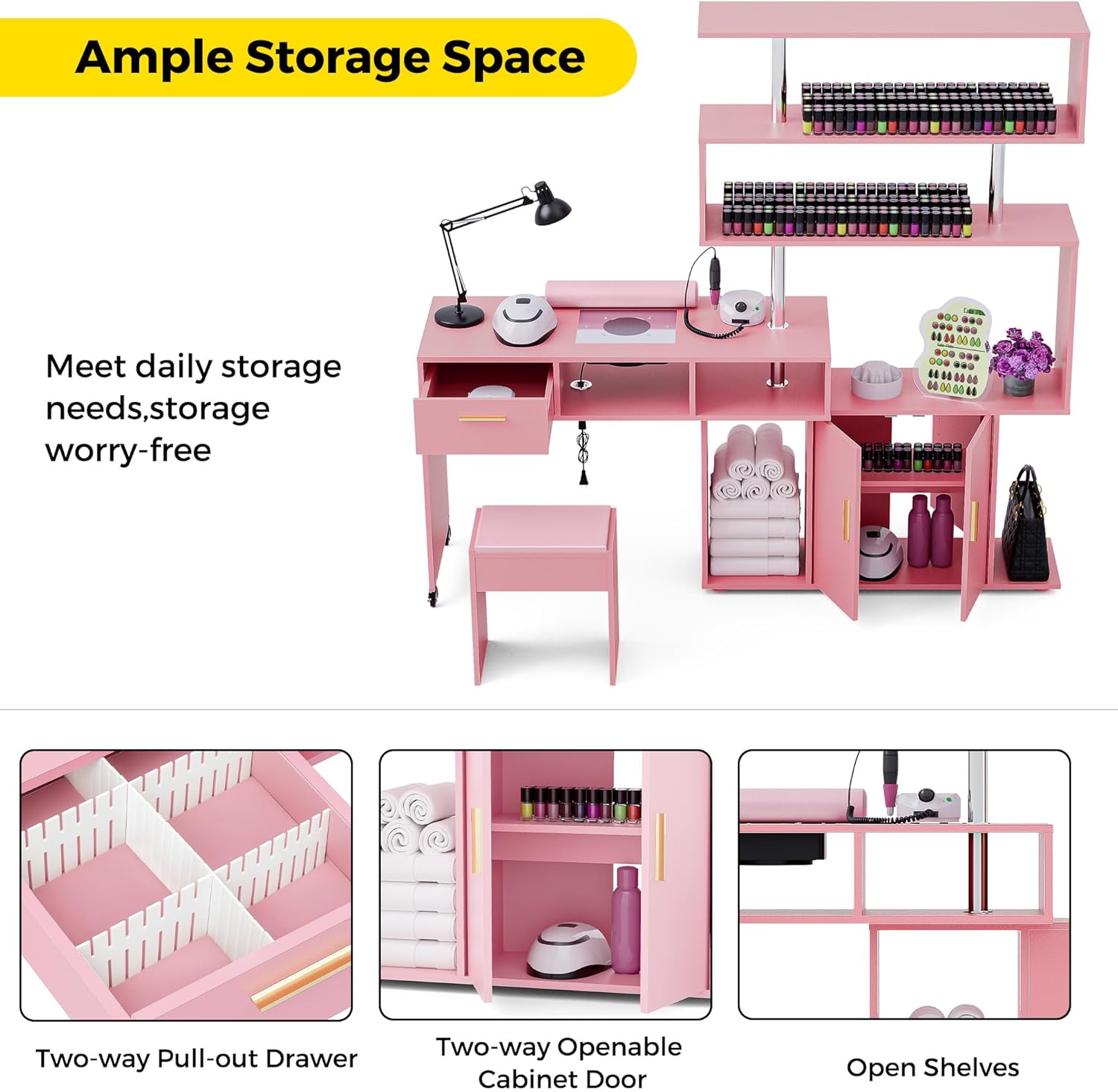 Manicure Table Nail Desk with Stool, L-Shaped Nail Tech Desk with Dust Collector, Two-Way Drawer, Cabinet & Storage Shelves, Rotating Reversible Manicure Workstation on Wheels (Pink)