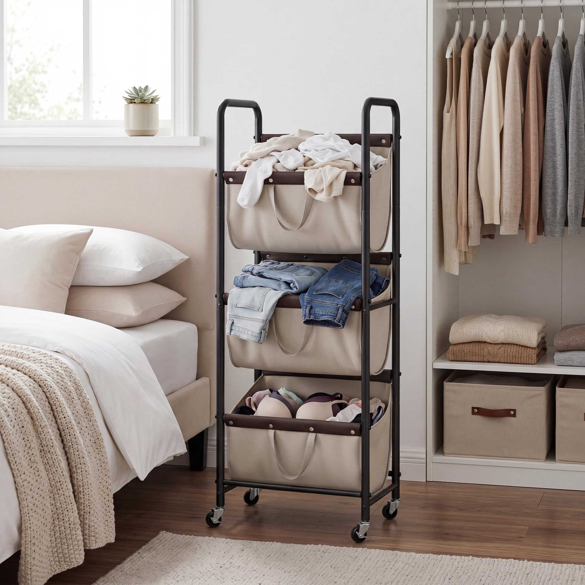 GRANNY SAYS Cesto Ropa Sucia de 3 Lazos, Cesta de Lavandería con Ruedas, Organización y Almacenamiento de Lavandería, Caqui Cesta Ropa Sucia con Ruedas de 3 secciones para Dormitorio, Laundry Basket | Cesta de lavandería resistente de 3 secciones con rued