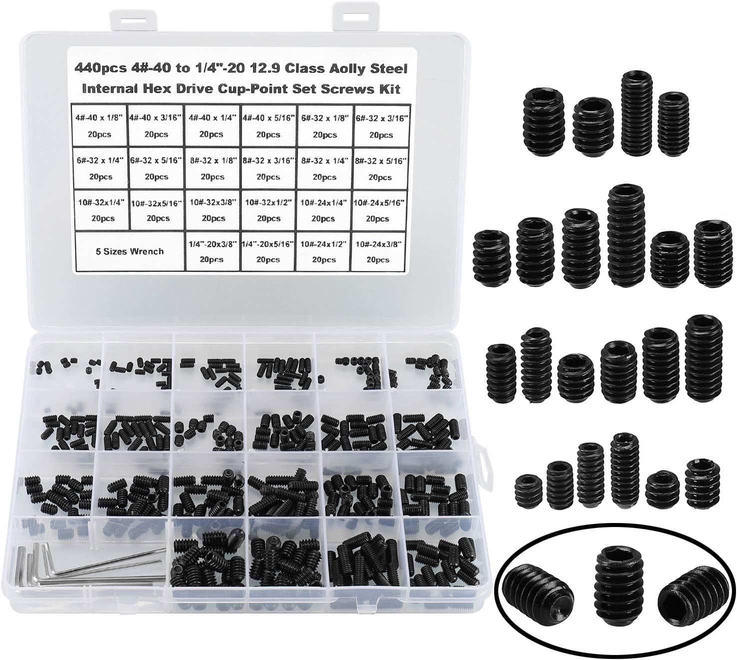 440Pcs 22 Sizes,4#-40 to 1/4"-20 Standard SAE Allen Head Socket Hex Grub Screw Assortment Kit,Internal Hex Drive Cup-Point Set Screws Set with 5pcs Hex Wrenches,12.9 Class Alloy Steel-Black