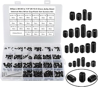 HanTof 440Pcs 22 Sizes,4#-40 to 1/4"-20 Standard SAE Allen Head Socket Hex Grub Screw Assortment Kit,Internal Hex Drive Cup-Point Set Screws Set with 5pcs Hex Wrenches,12.9 Class Alloy Steel-Black