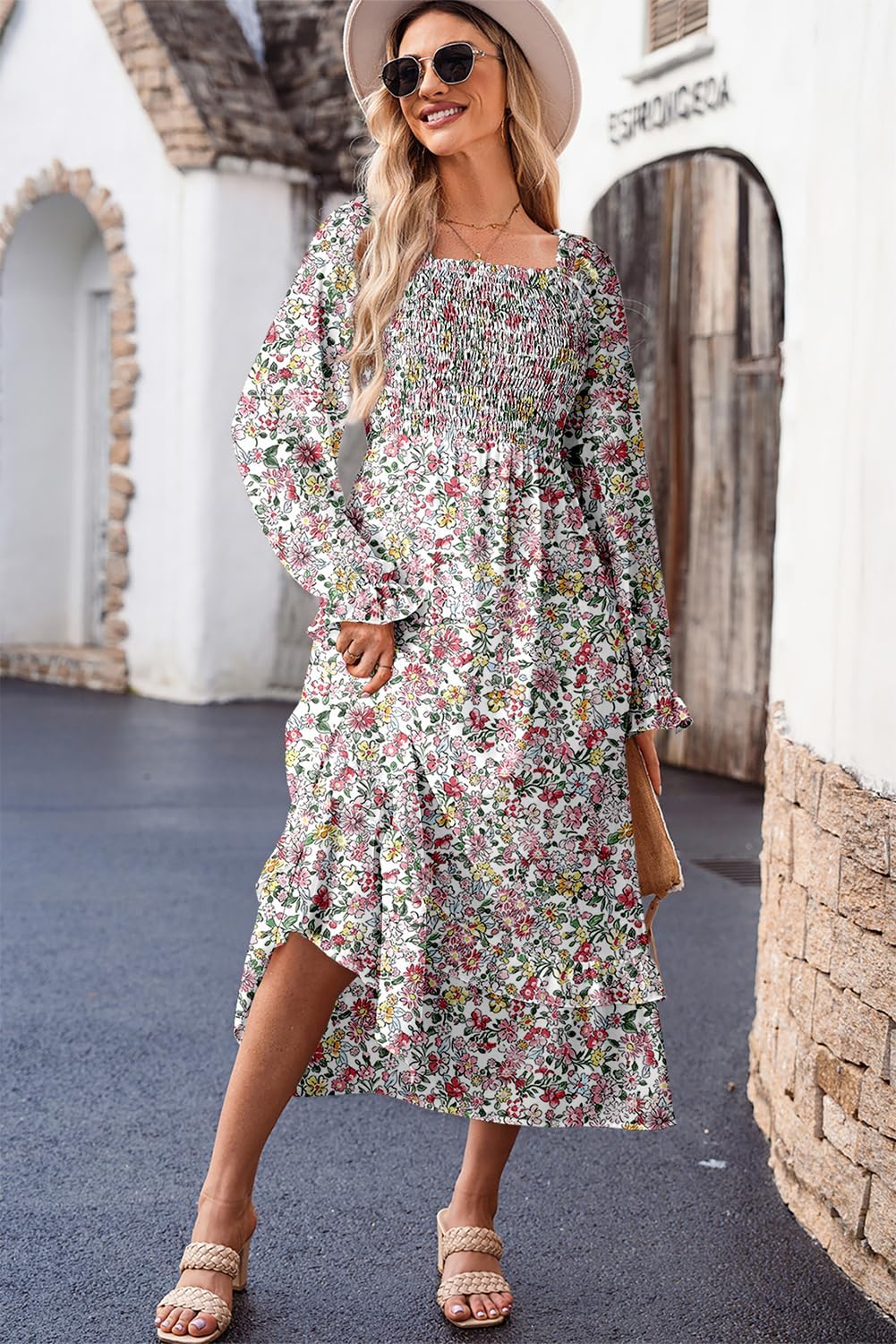 Dokotoo Boho Dresses for Women 2025 Casual Floral Square Neck Long Sleeve Smocked Elastic Waist Tiered Ruffle Hem Maxi Dress - Image 4