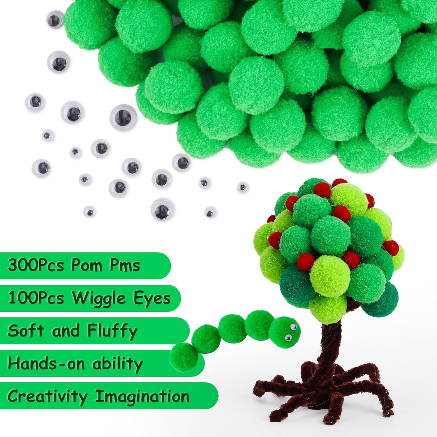 Caydo [400 pcs] - 300 Pieces Green Pom Poms for Crafts with 100 Wiggle Eyes, 1 Inch Craft Pompom Balls for Kids Creative DIY Crafts and Easter Decorations