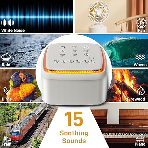 Miniatura 2 de Máquina de ruido blanco, máquinas de sonido recargables symoode con luz nocturna cálida para dormir, 15 sonidos relajantes naturales sin bucle,