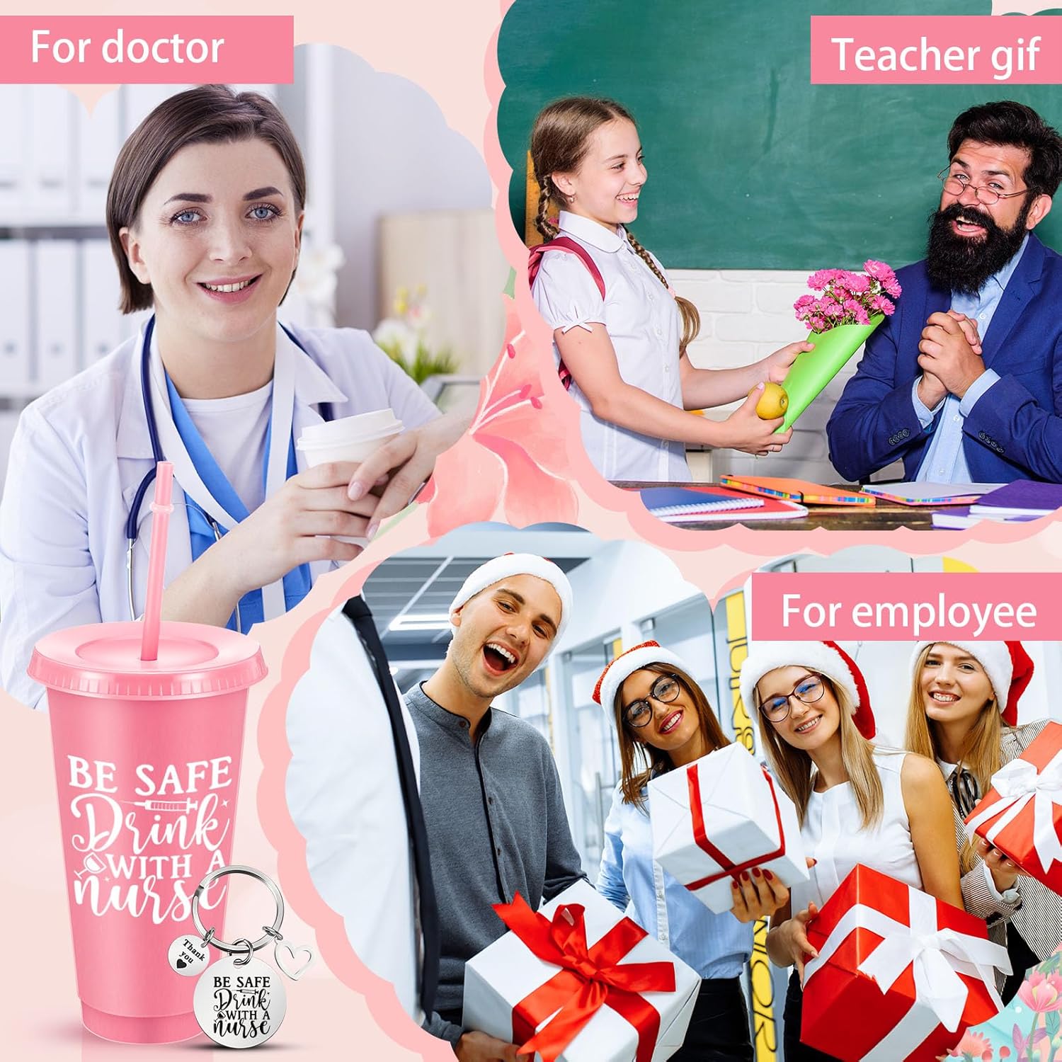 Teenyyou 30 Sets Nurse Appreciation Gifts Bulk - 24oz Reusable Tumblers with Lids & Straws, Canvas Makeup Bags, Keychains - Thank You Gifts for Nurses Week, CNA, RN, Medical Assistants(Elegant)