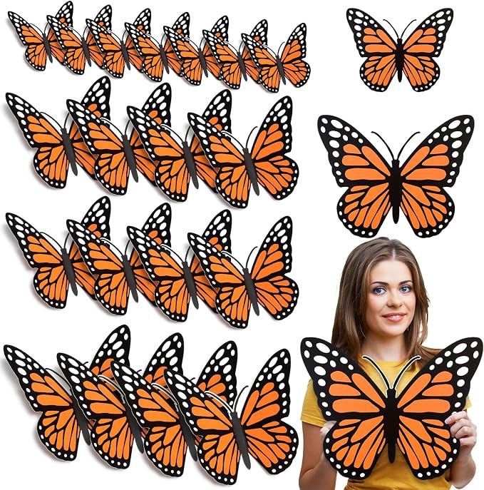 Affrolling 20 Pcs Large Monarch Butterfly Decorations 3D Wall Decor,Orange