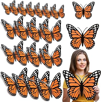 Affrolling 20 Pcs Large Monarch Butterfly Decorations 3D Wall Decor,Orange