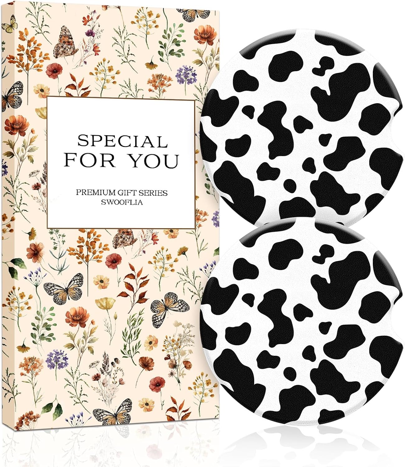 Swooflia Car Coasters for Women - Classic Black Leopard Car Cup Coasters Absorbent Cup Holder Coasters for Car 2 Pcs Ceramic Car Cupholder Coaster with Cork Base Car Interior Accessories