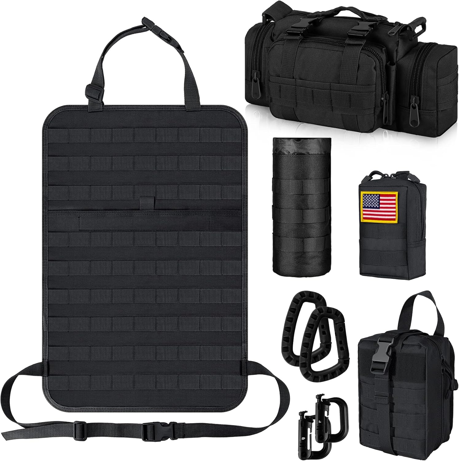 IronSeals Car Seat Back Organizer with 4 Pouches, Tactical Molle Panel Sag Proof Vehicle Seat Protector Automotive Seat Back Pad - Duffel Bag, Medical Pouch, Water Bottle Holder and Molle Pouch