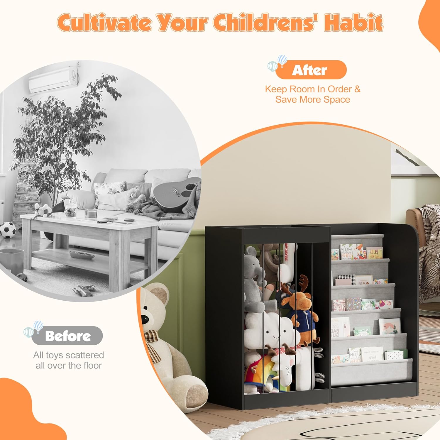 NACHES Kids Bookshelf & Stuffed Animal Net Holder 5 Tier Sling Bookshelf and Plush Toy Storage Organizer with Elastic Cord Montessori Toddler Bookcase for Kids Rooms Playroom Bedroom Nursery, Black