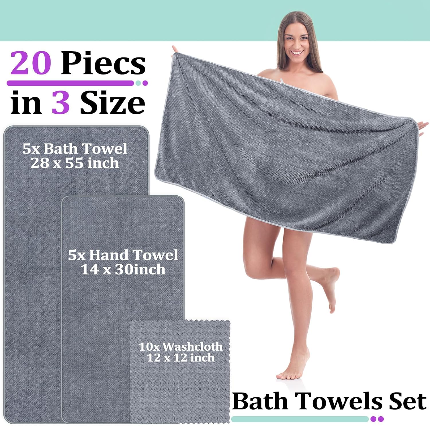 Mixweer 20 Pcs Bath Towel and Washcloths Set for Bathroom Includes 5 Bath Towels 5 Hand Towels 10 Washcloths, Soft Coral Velvet Absorbent Quick Dry for Sports Shower Hotel Spa(Rich Color)