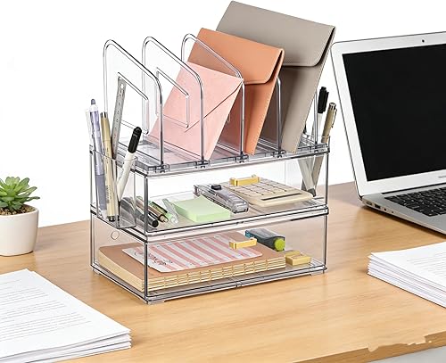 Miniatura 9 de Juego de organizador de escritorio acrílico, paquete de 2 organizadores apilables con 4 clasificadores de archivos verticales y 2 soportes para