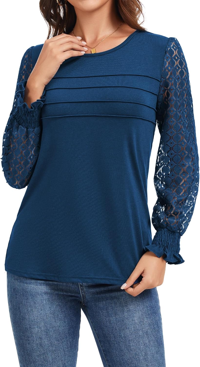 Womens Long Sleeve Shirts Pleated Front Business Casual with Crewneck Lace Tunic Tops Fit Blouse for Fall Dark Blue M - Image 2