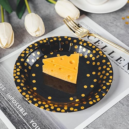 Miniatura 7 de Lullaby 200 platos de papel negro, platos de papel negro y dorado, 100 platos llanos de 9 pulgadas, 100 platos de postre de 7 pulgadas, platos de