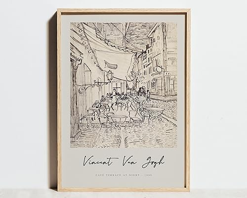 Impresión de Van Gogh, póster de exposición de terraza de café en la noche, arte de pared vintage beige, negro y blanco, dibujo a bolígrafo, boceto