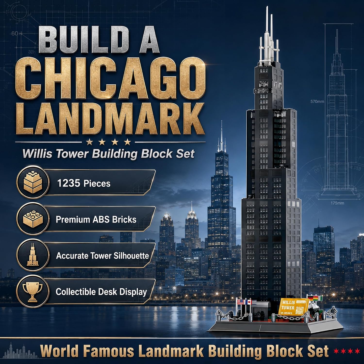 Willis Tower Chicago Architecture Building Block Set 1235 Pcs Famous City Skyline Landmark Model Kit Tall Skyscraper Construction Toy for Adults & Teens Home Office Desk Decor Display Gift image 5