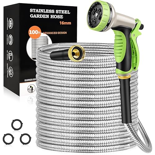 GOXAWEE Garden Hose 100FT, Stainless Steel Heavy Duty Water Hose With 10 Function Nozzle, No-Kink, Tough & Flexible, Sturdy and Lightweight, Rust Proof for Yard, Outdoor, RV