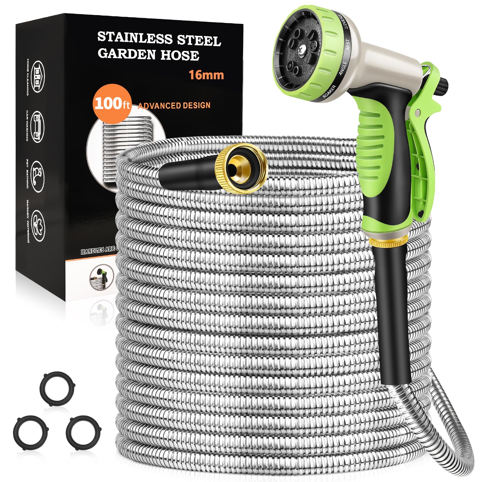 GOXAWEE Garden Hose 100FT, Stainless Steel Heavy Duty Water Hose With 10 Function Nozzle, No-Kink, Tough & Flexible, Sturdy and Lightweight, Rust Proof for Yard, Outdoor, RV