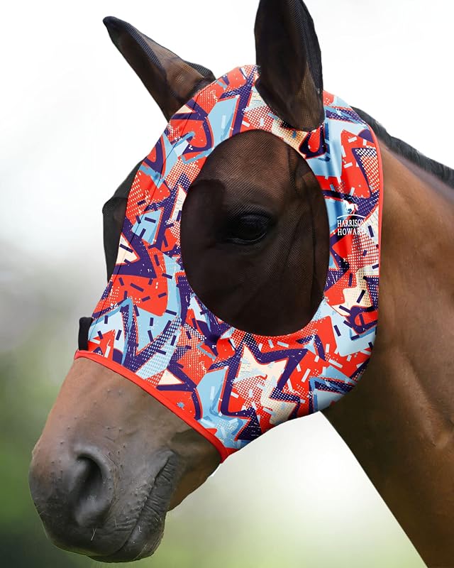Máscara contra moscas para cavalos com proteção UV e malha elástica Harrison Howard Orange Geo-Print, Cob (Medium)