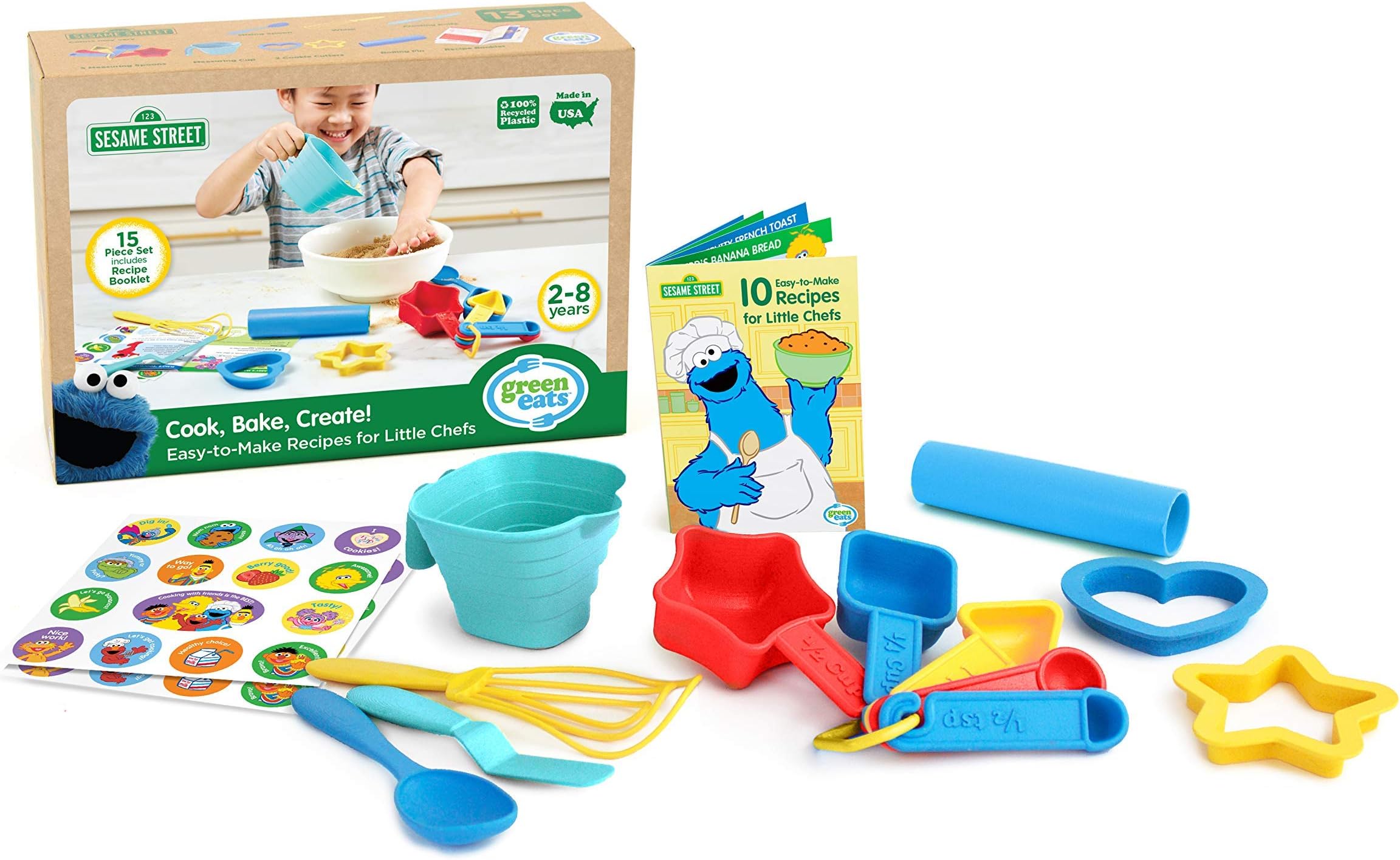 Green Toys Sesame Street Cook Bake Create Recipe Activity Set - 15 Piece Kids Kitchen Cooking Set with Recipe Booklet. Safe for real food. No BPA, phthalates, PVC. Dishwasher Safe, Recycled Plastic, Made in USA.