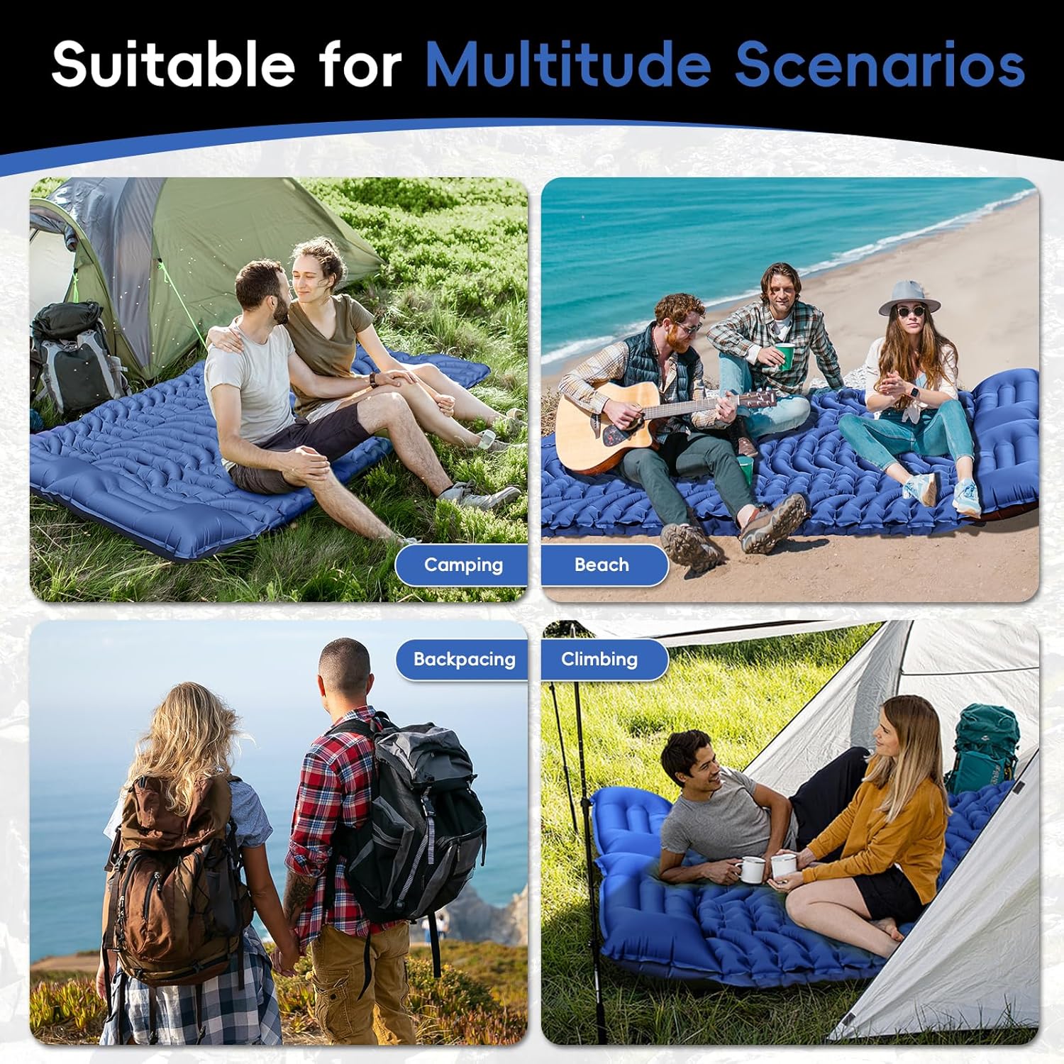 Double Sleeping Pad for Camping, 4" Extra-Thick, Self Inflating Camping Mattress for 2 Person with Pillow, Built-in Foot Pump, Portable Sleeping Mat for Backpacking, Hiking, Traveling, Tent