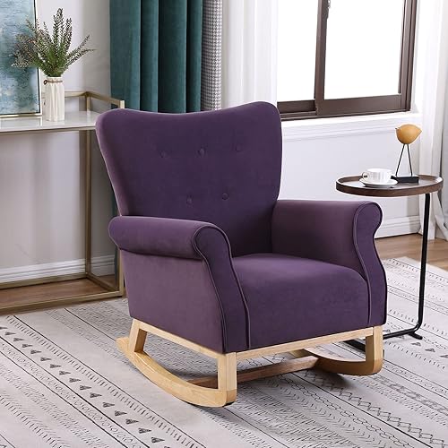 WIILAYOK Mecedora para guardería, mecedora de terciopelo con base de madera maciza y respaldo alto para guardería de bebé, cómoda silla reclinable