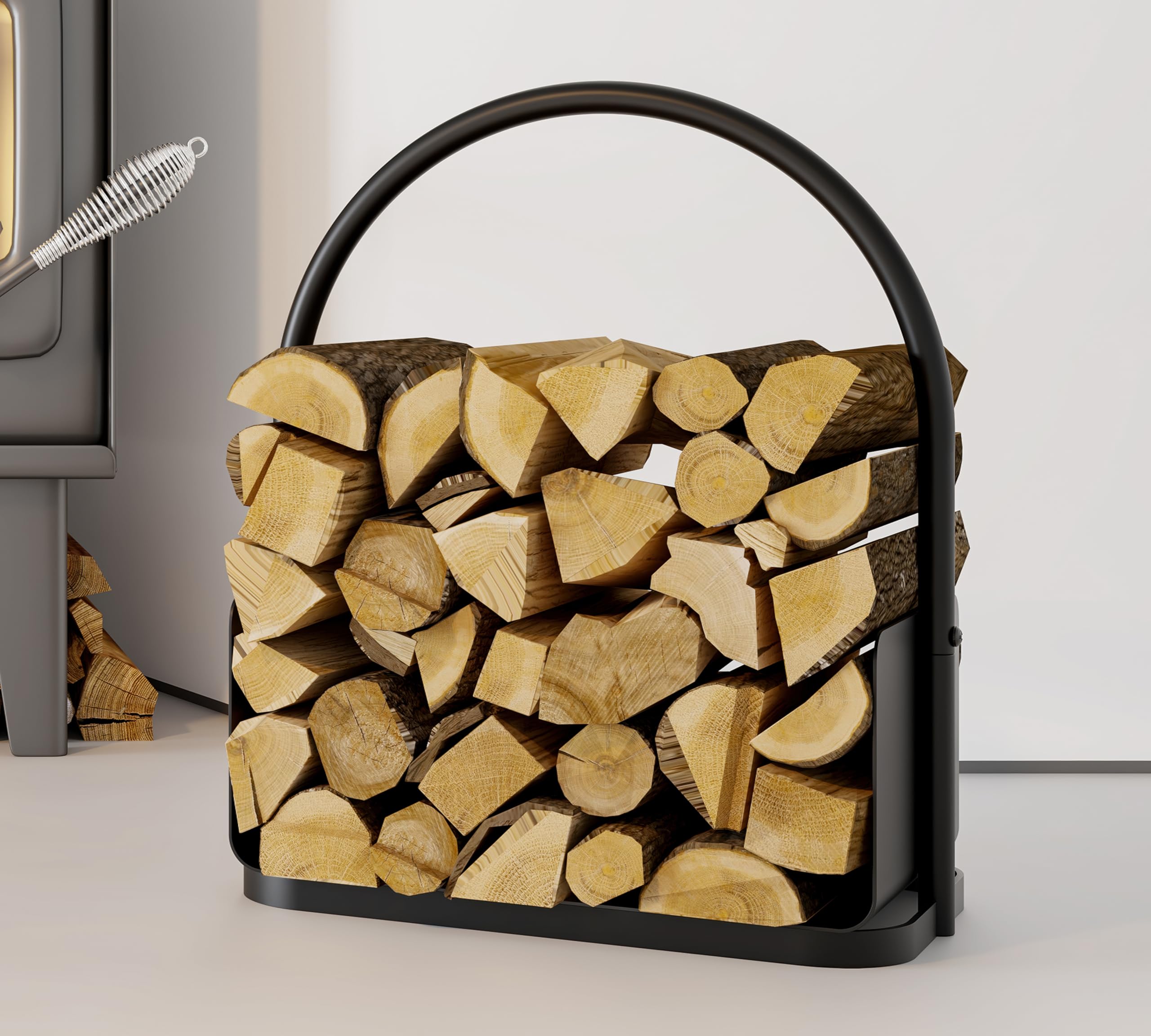 Kingson Panier à bois de cheminée – Porte-bûches en acier à revêtement poudré noir avec poignée et bord surélevé – 42 x 28 x 42 cm – Étagère de rangement de bois pour cheminée intérieure et extérieure