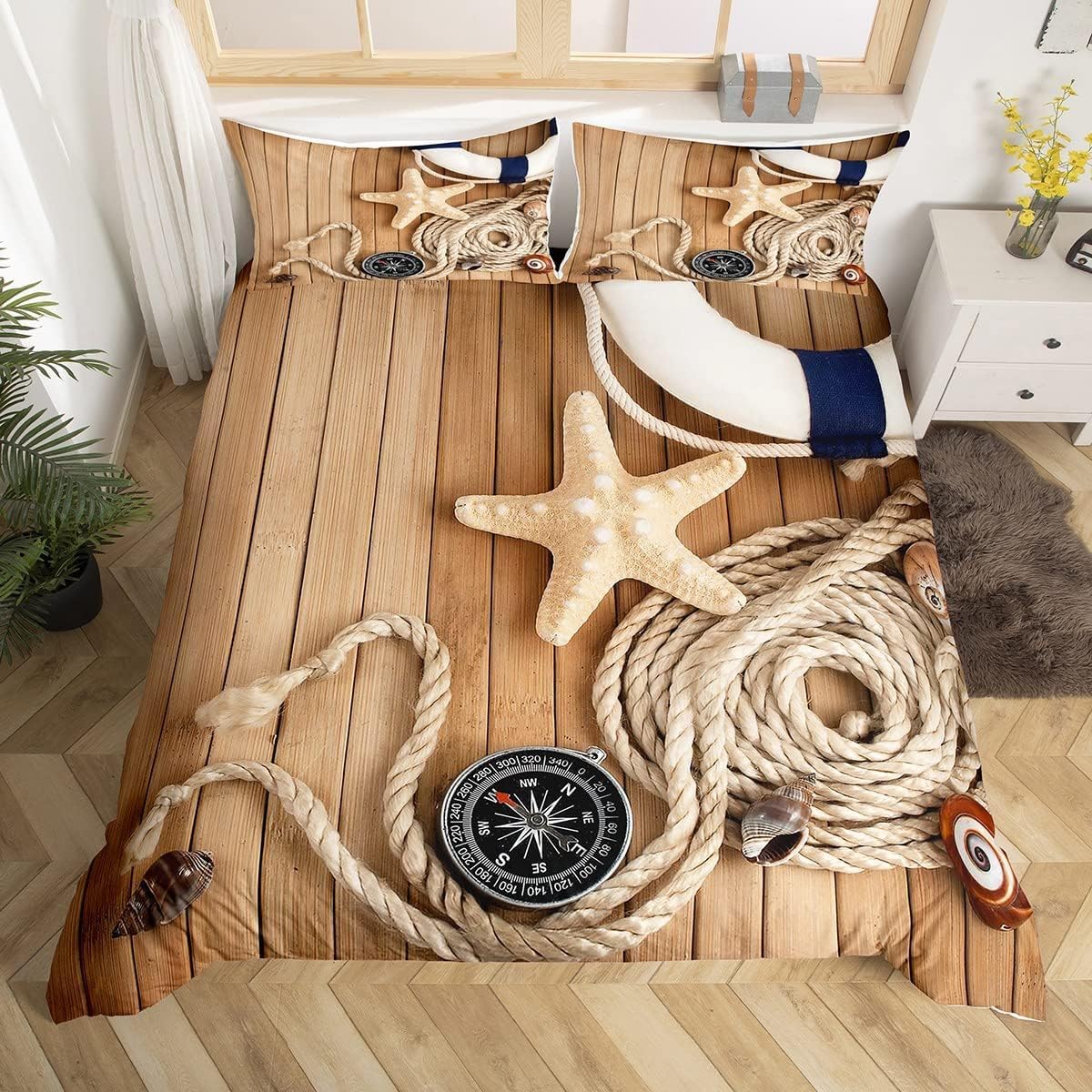 Homemissing King Beach starfish Bedding Set ocean Comforter Cover Set theme children and teenagers wooden style Duvet Cover marine life bedroom decoration โ image 1
