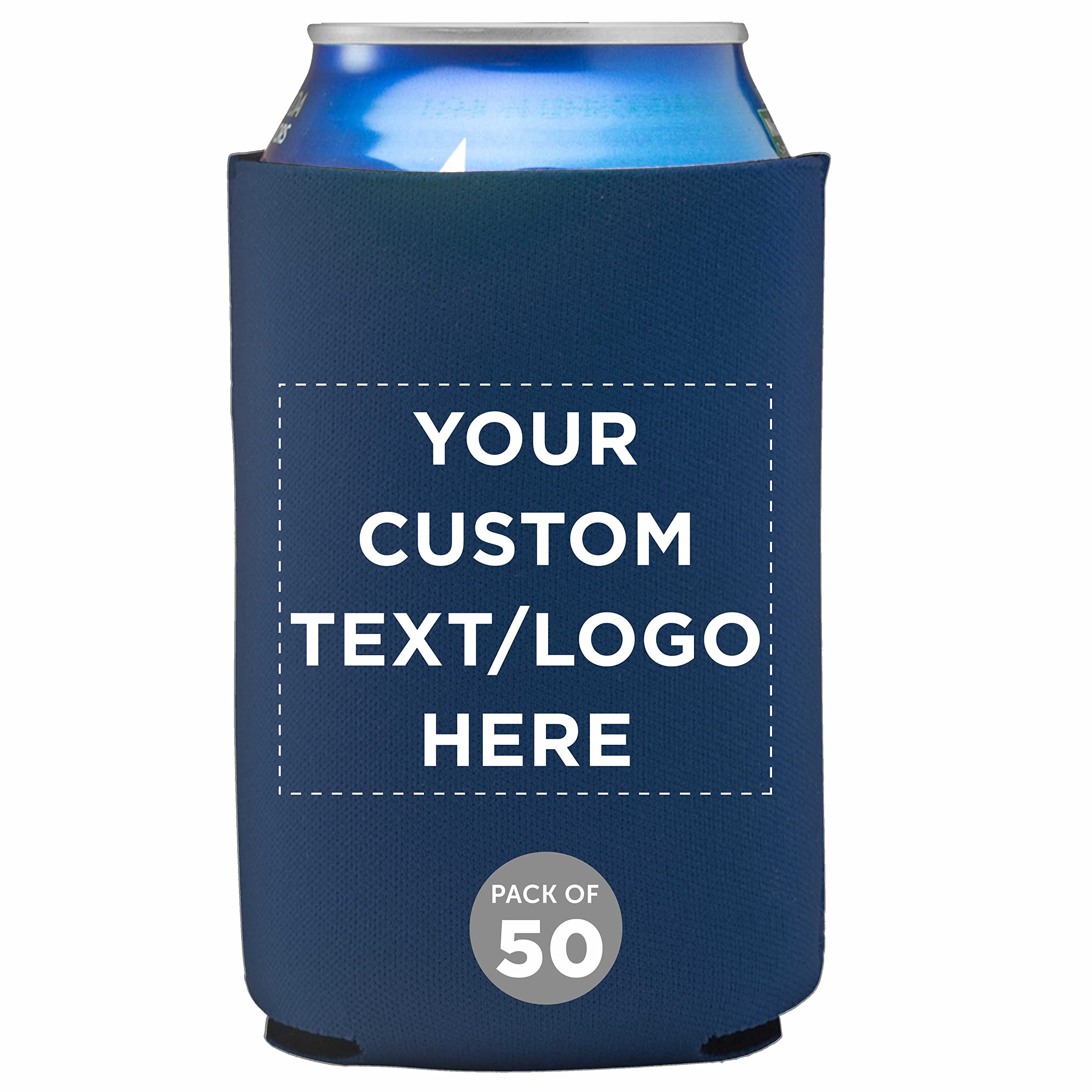 Custom Neoprene Collapsible Can Coolers 12 oz. Set of 50, Personalized Bulk Pack - Great for Weddings, Parties, Anniversary, Indoor & Outdoor Events - Navy Blue