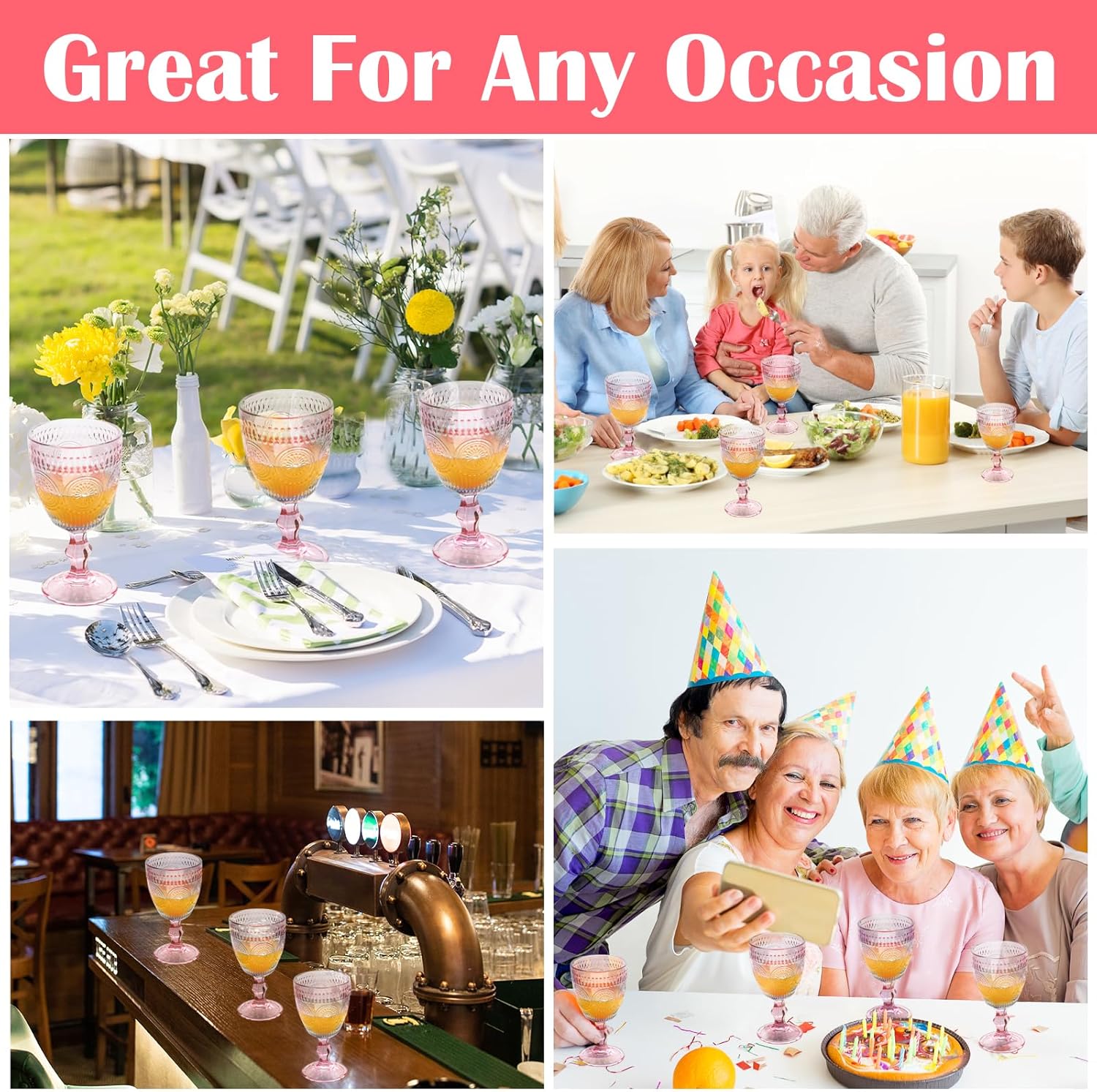 Valentine's Day Pink Glass Goblets Wine Glassware, 10 oz Vintage Wine Glasses Set of 12, Romantic Wedding Glass Set, Embossed Drinking Stemware Beverage Cups for Wedding Party Bar - Image 6