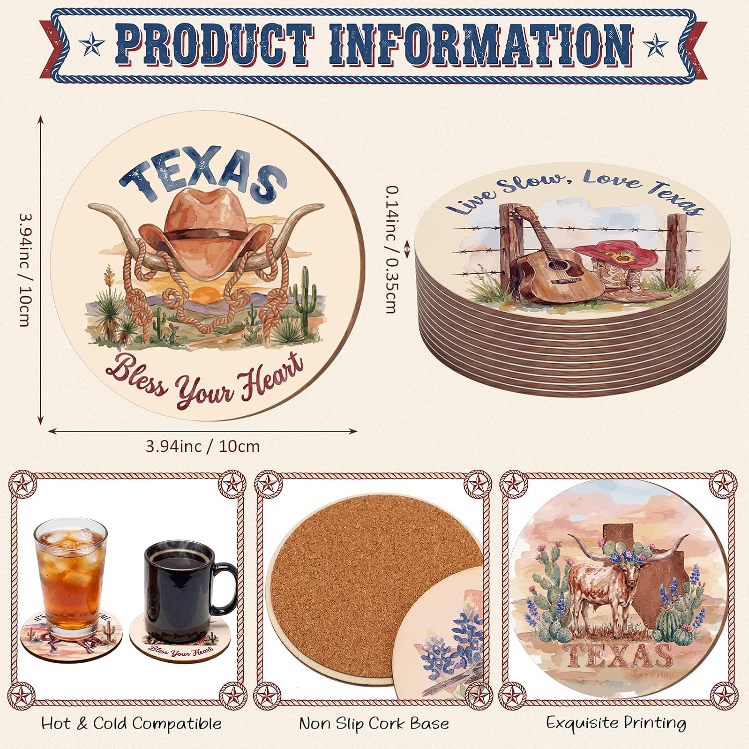 12 Pcs Texas Gifts Coasters Gifts Wooden Coaster Decor