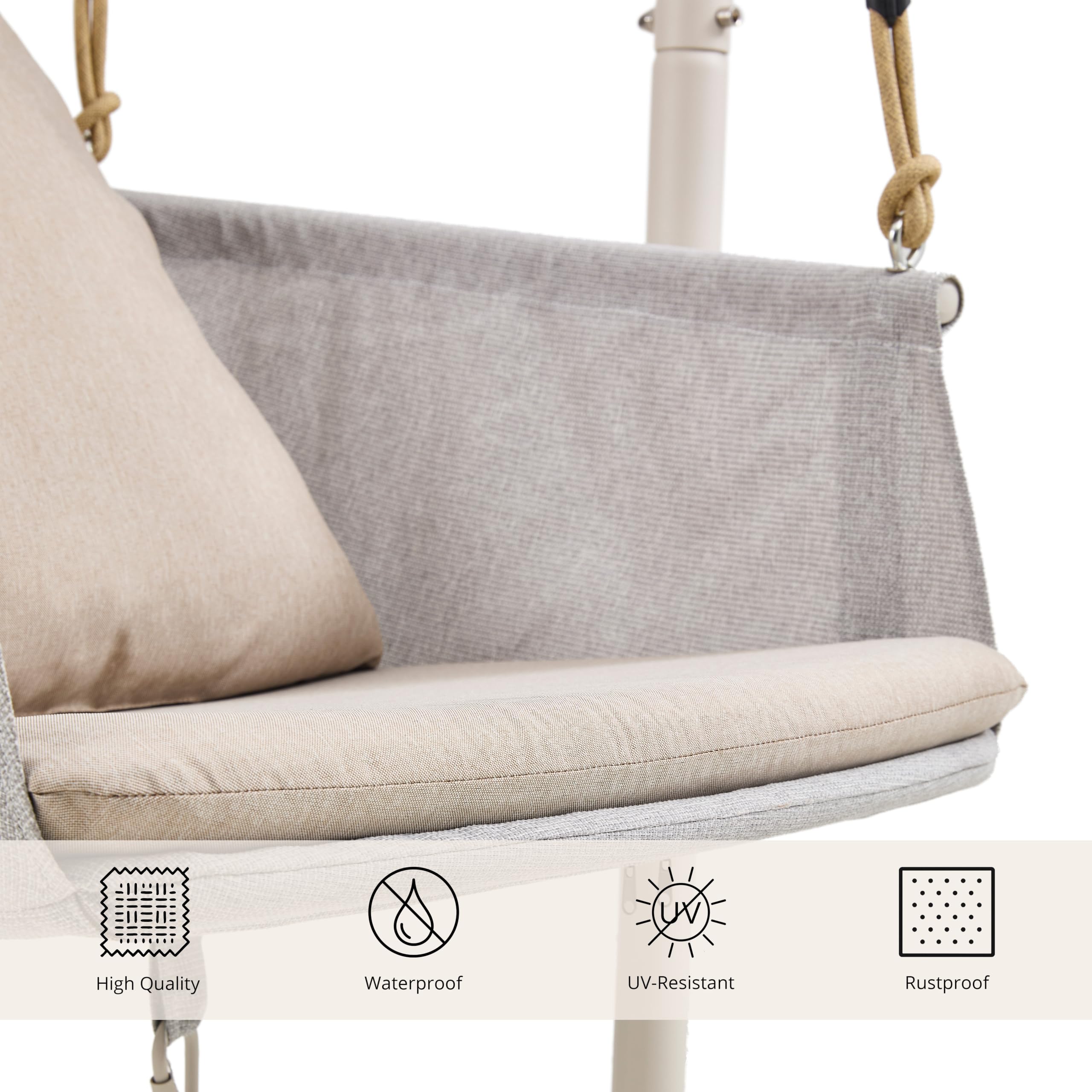 Poltrona sospesa con struttura in alluminio, per esterni, resistente alle intemperie, portata 180 kg | Altalena sospesa con cuscino, seduta con ripiano e borsa per riporre oggetti, per balcone, terrazza, giardino
