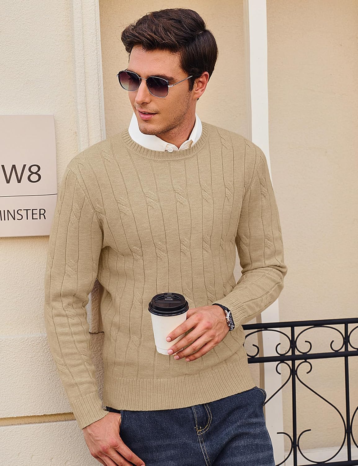 Cotrasen Men's Crewneck Sweater Cable Knit Pullover Sweater Casual Long Sleeve Twist Textured Sweaters - Image 2
