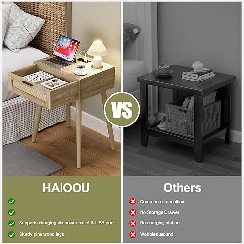 Miniatura 4 de HAIOOU Mesita de noche con estación de carga, cajón de ratán, mesa auxiliar moderna de mediados de siglo, mesa auxiliar auxiliar auxiliar con patas