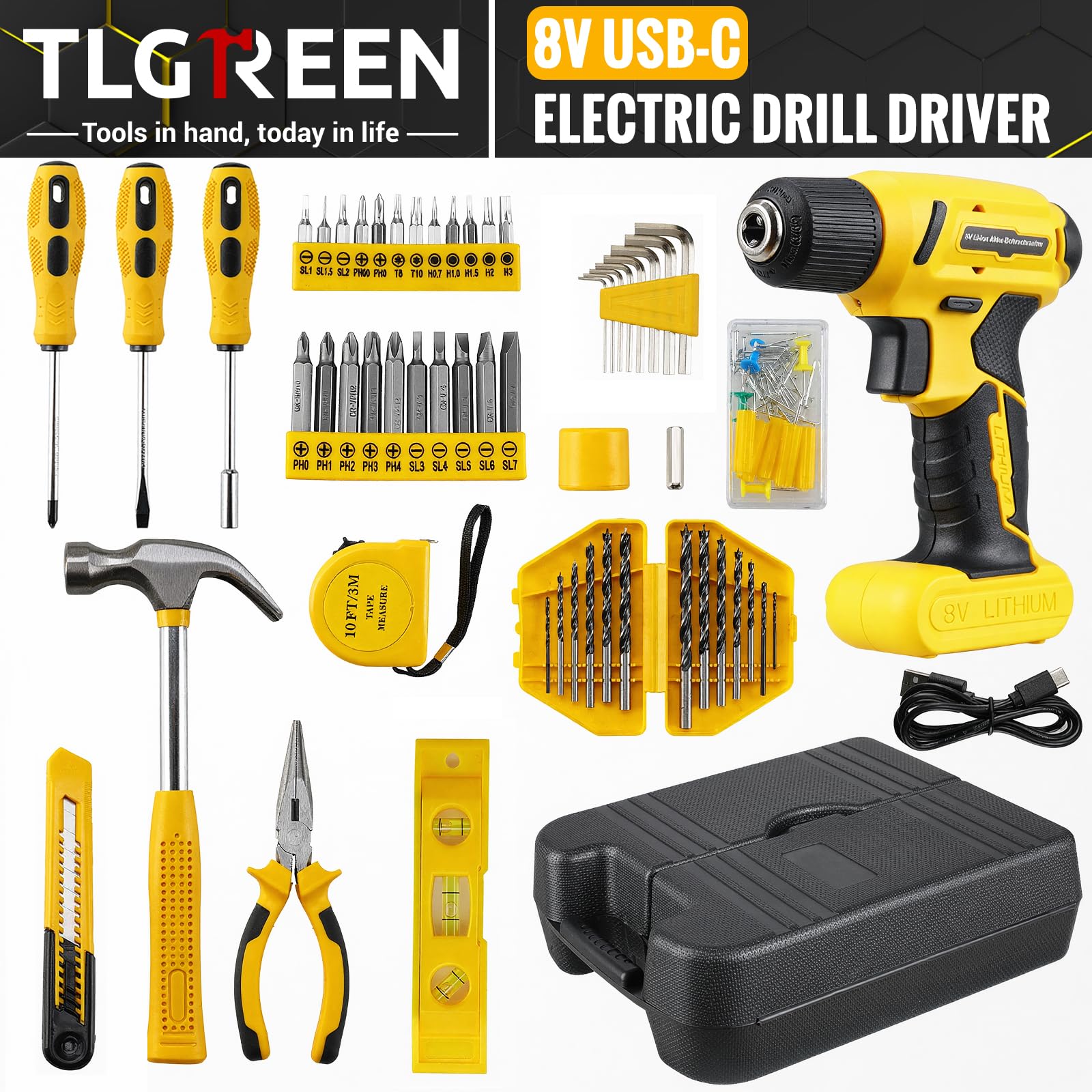 TLGREEN Caja de Herramientas Completa 101PCS con Destornillador Electrico/Taladro 8V, Maletin Herramientas Domésticas de Bricolaje para Oficinas y Jardín Reparaciones del Hogar