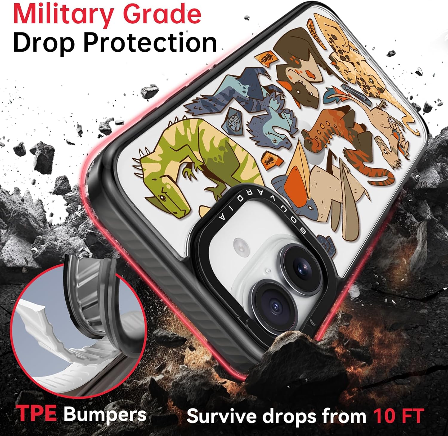 Bouvardia for iPhone 16 Case, Cute Design for Women & Girls, Protective & Aesthetic, Gray Bumper - Dinosaurs - Image 2