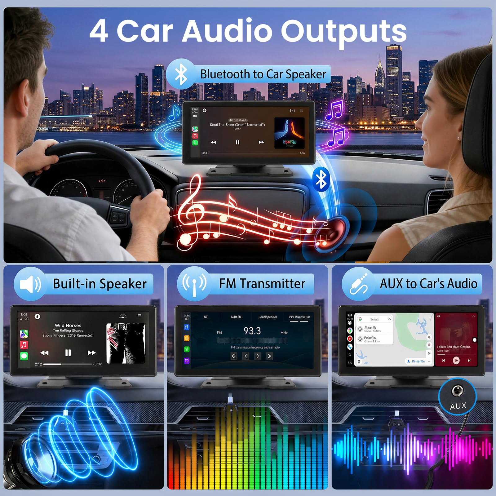 Schermo 9 Pollici Wireless CarPlay Portatile con Bluetooth FM AUX, Touchscreen per Apple Android Auto, Controllo Vocale Navigazione GPS Mirror Link per Tutti i Veicoli