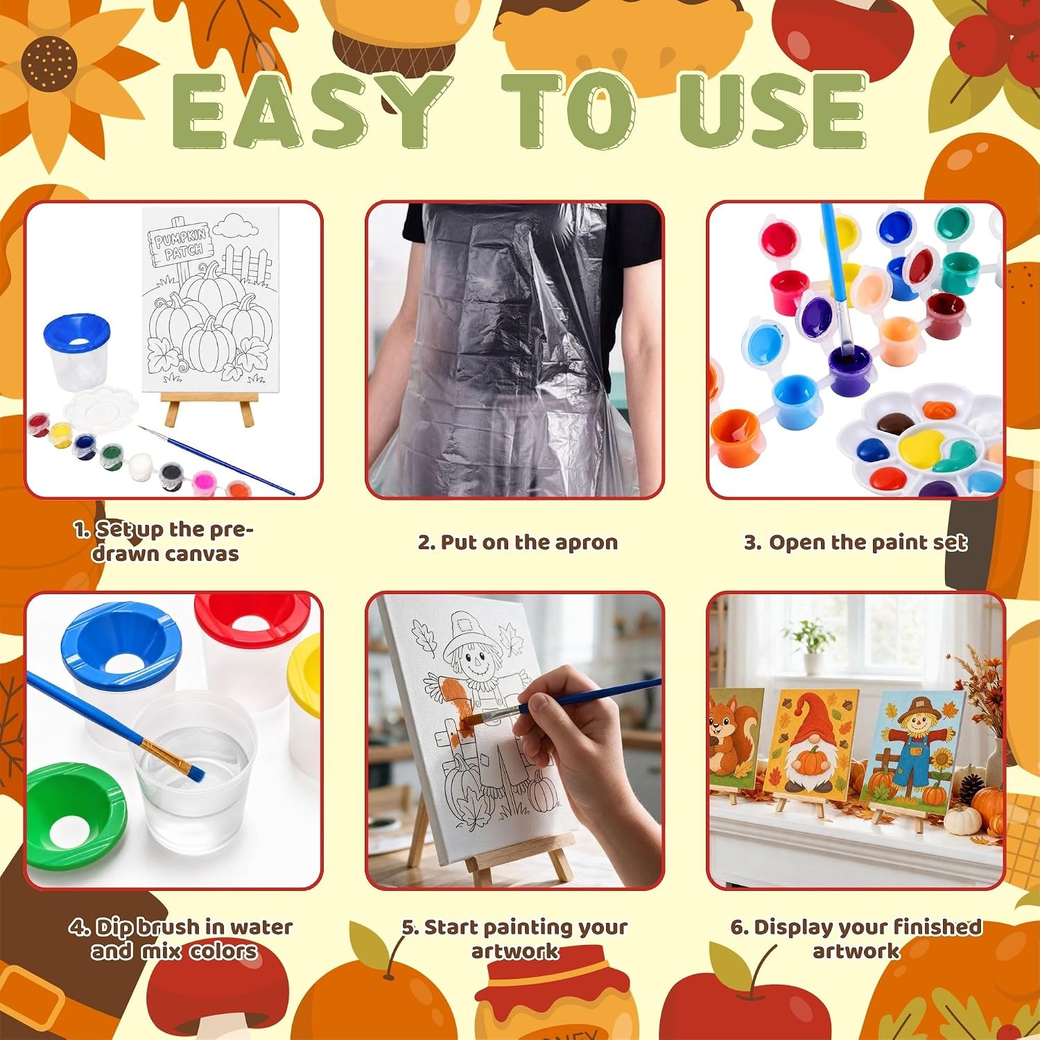 84pcs Fall Pumpkin Pre Drawn Canvas Sip and Paint Kit Thanksgiving Painting Supplies with Brushes Paints Easels Autumn Harvest Painting Night Party Favor Group Craft Activity Art Project
