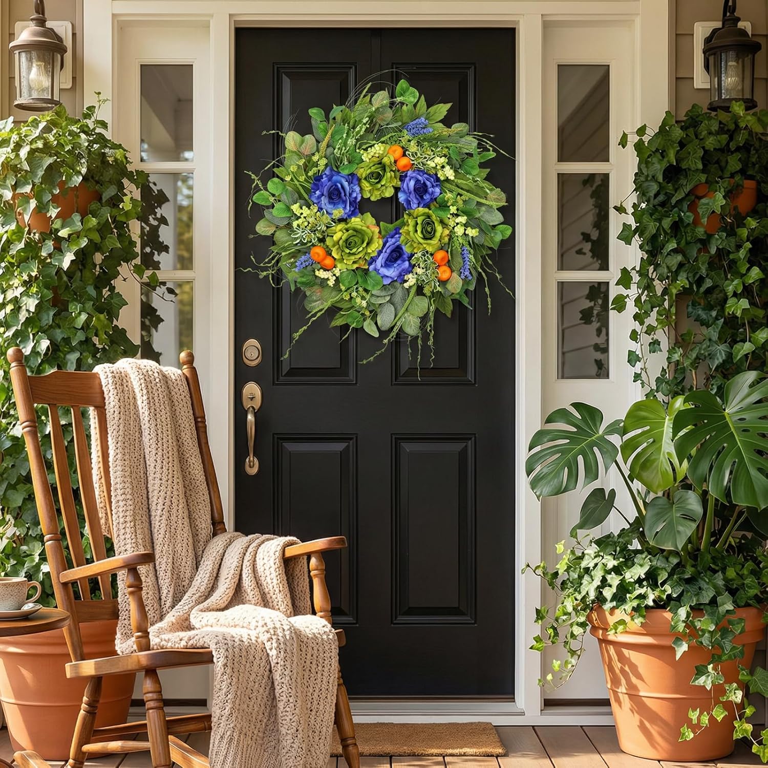 Spring Wreaths for Front Door 24 Inch Artificial Rose Wreath with Rose & Eucalyptus Leaf Orange Berry Accents,Summer Wreath for Home Wall Porch Window Easter Year-Round Indoor/Outdoor Decor