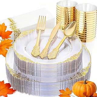 Nervure 175PCS Clear Gold Plastic Plates - Gold Disposable Dinnerware Set for 25 Guests Include 50 Disposable Plates, 75 Plastic Silverware, 25 Cups, 25 Napkins for Wedding & Party & Thanksgiving