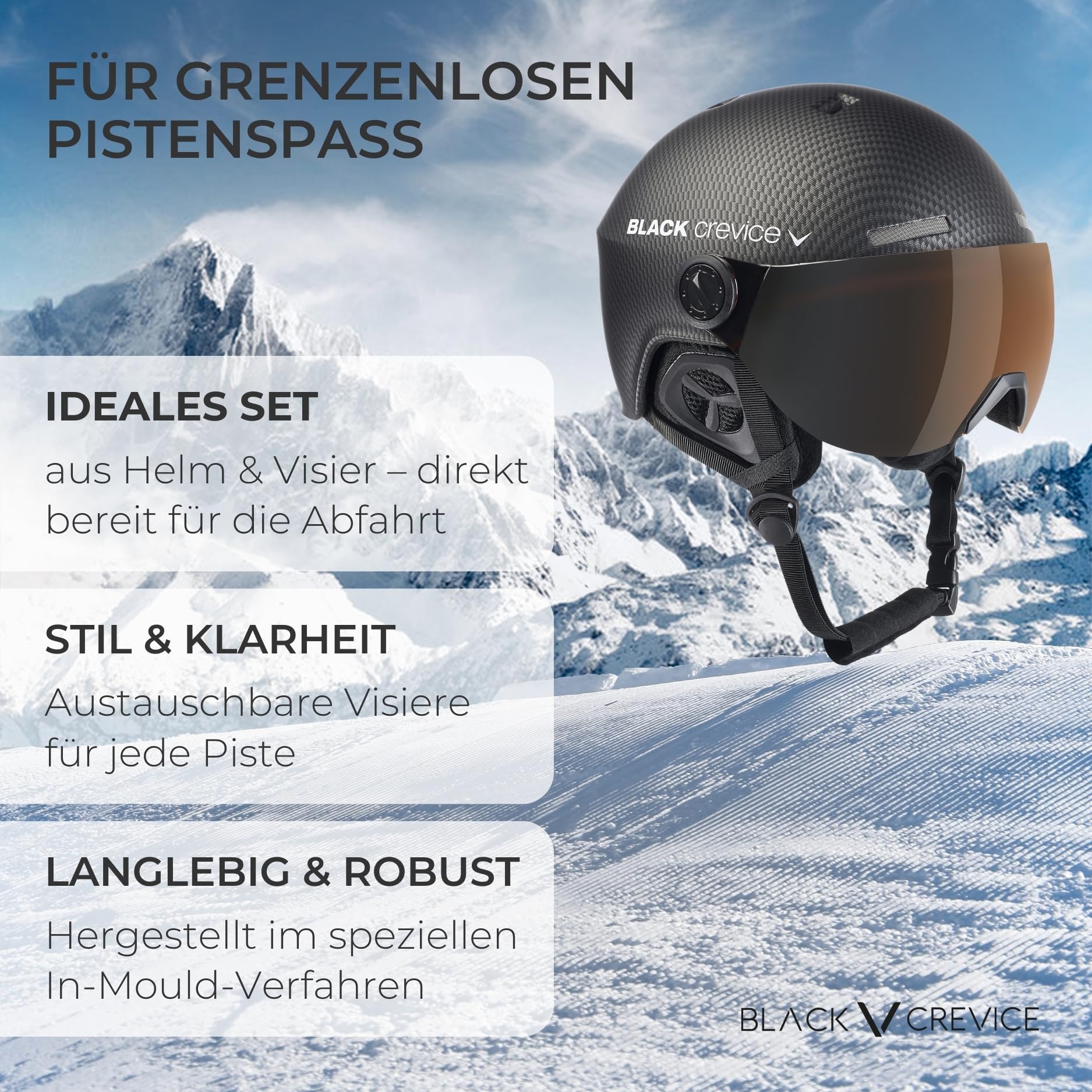 BLACK CREVICE Ersatzvisier mit Vollschutz I Skihelm-Ersatzvisier für Skihelm Arlberg & Gstaad & Saalbach & Silvretta I 5 Farben I Skihelm-Visier mit Anti-Fog-Beschichtung & UV 400 Schutz