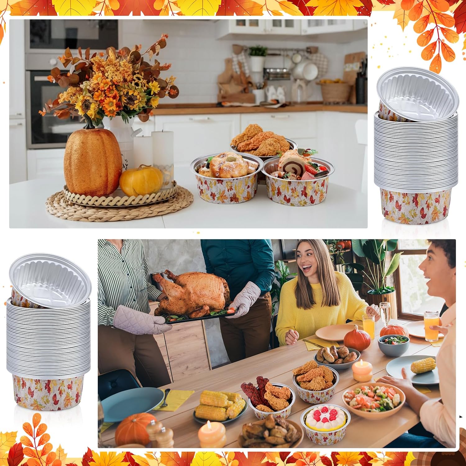 Ziliny 50 Pcs 1lb Thanksgiving Fall Bread Loaf Pans with Lids Maple Leaf Mini Aluminum Cake Pans 580ml Thanksgiving Leftover Food Container Disposable Cupcake Tin for Friendsgiving Party Holiday Gift