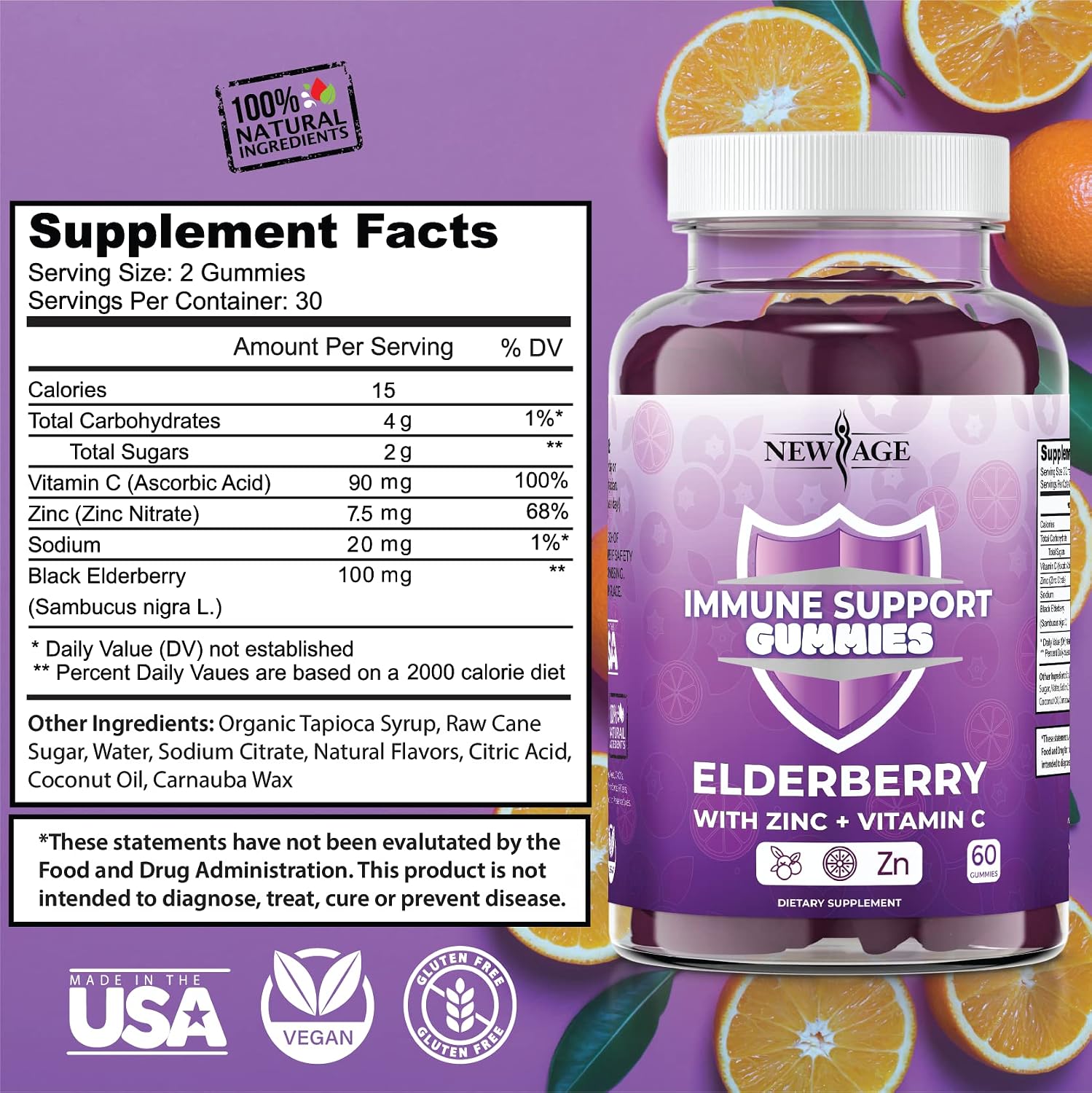 New Age Immune System Support Gummies - Sambucus Black Elderberry Gummies with Vitamin C and Zinc (Immune Support 120 Gummies)