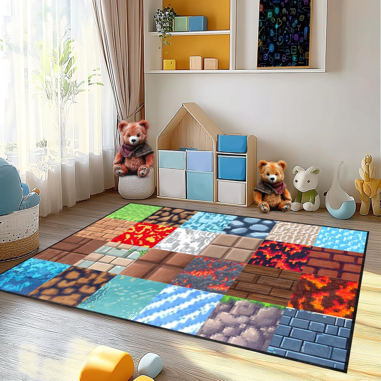 Game Rug for Cool Boys Room Decor, Funny Plaid Gamer Rug for Boys Bedroom Teens Kids Colorful Carpet for Living Room Playroom Game Decoration Floor Mat, 5'x7'