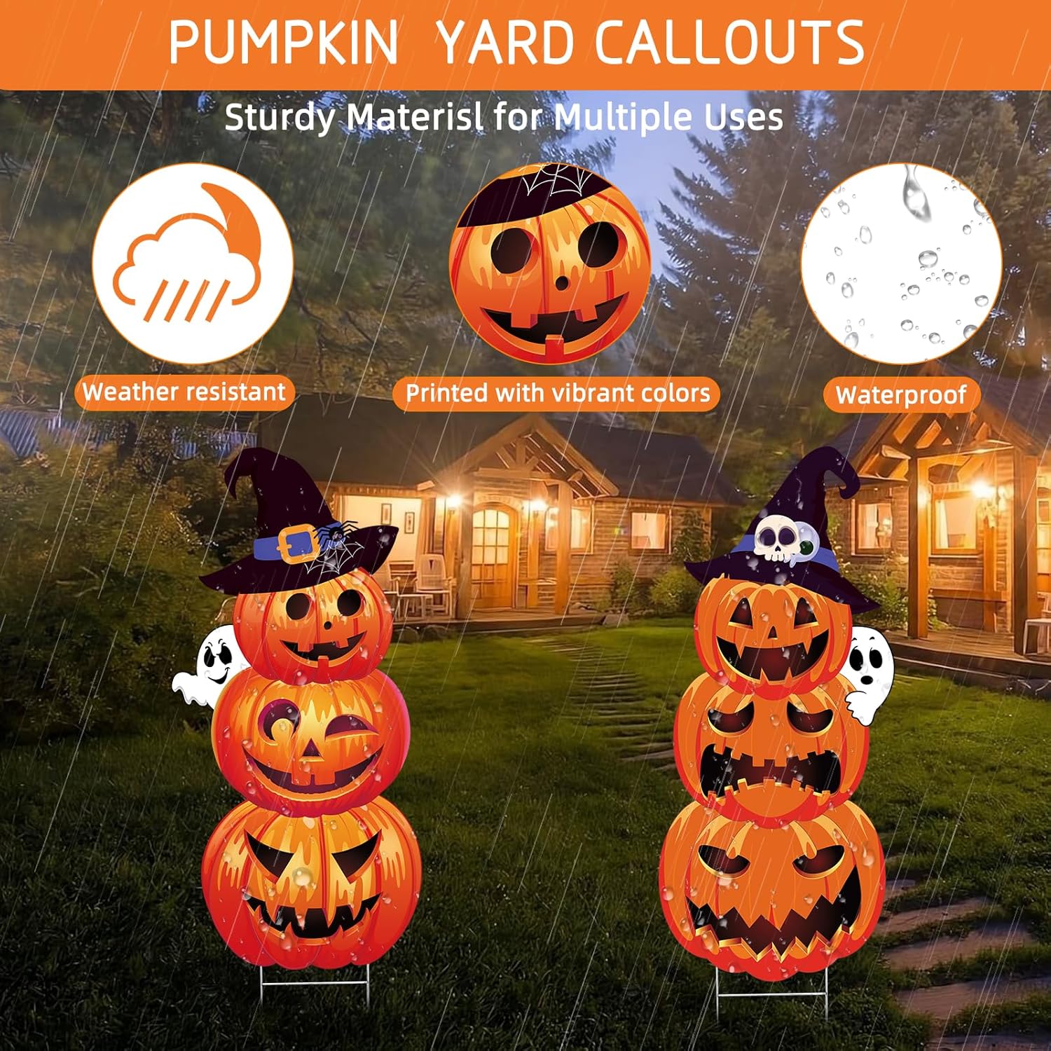 Halloween Pumpkin Yard Signs Garden Stakes for Halloween Outdoor Decorations, 2Pcs Large Halloween Pumpkin Ghost Yard Sign for Trick-or-Treat Halloween Party Lawn Decorations (Orange Pumpkin Yards)
