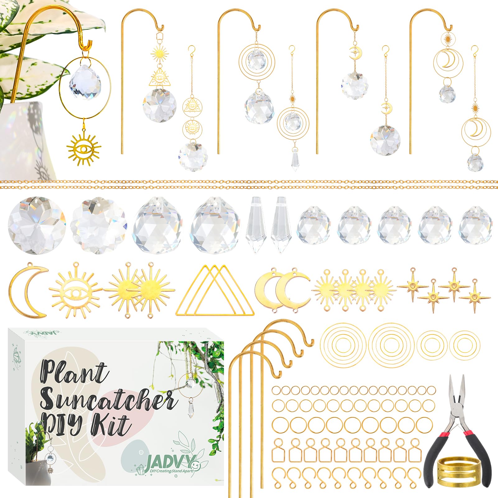 JADVY 203 Pcs DIY Plant Suncatcher Kit Crystal Garden Suncatchers Hanging Prism Suncatcher for Window Gold DIY Suncatcher Kit Glass Crystal Moon Star Alloy Accessories Sun Catcher Crafts for Adult