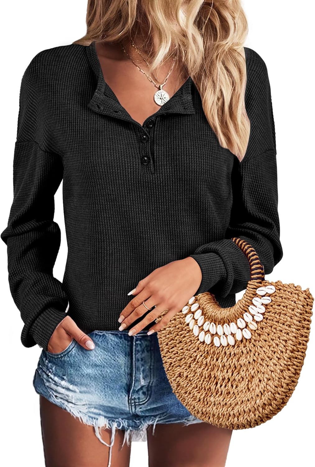 AURUZA Long Sleeve Shirts for Women Henley Shirts Waffle Knit Tops Casual Loose V Neck Tunic Tops Fall Outfits Waffle TShirt